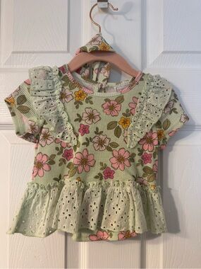 Girls Short-Sleeve Floral Eyelet Ruffle Top - Light Green